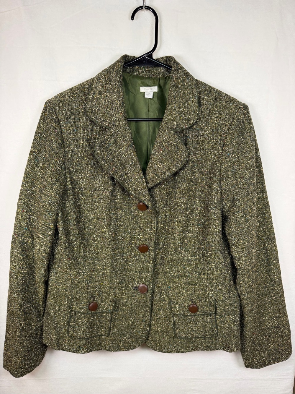 Apt. 9 Women’s Size 16 Olive Green Tweed Blazer Brown Buttons Career Jacket